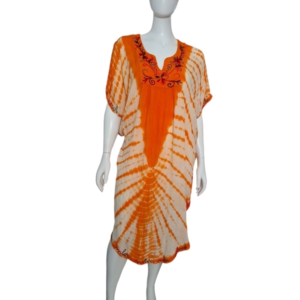 SANTE CLASSICS Orange Multicolor Tie Dye Summer Embellished Short Caftan OneSize